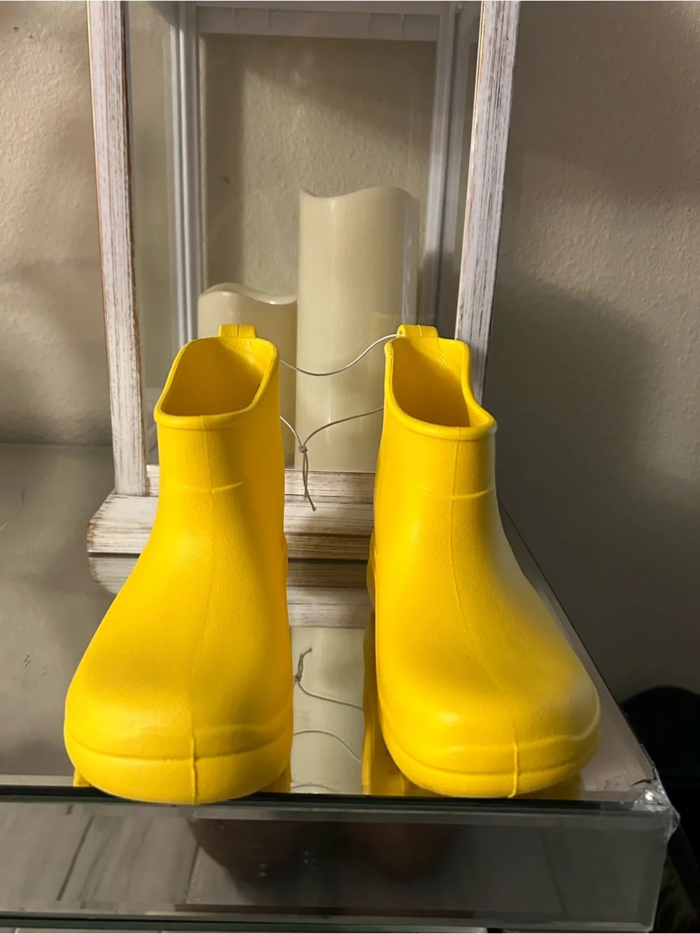 Yellow Rain Boot-Style Shoe with Printed Interior Label